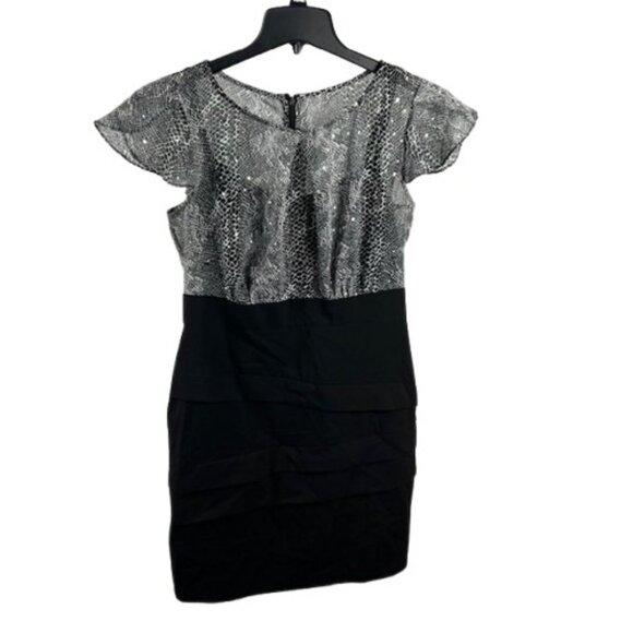 AGB Cocktail Bodycon Dress 12 Puffy Short Sleeve Sequin Snake Skin Black White - Picture 2 of 7